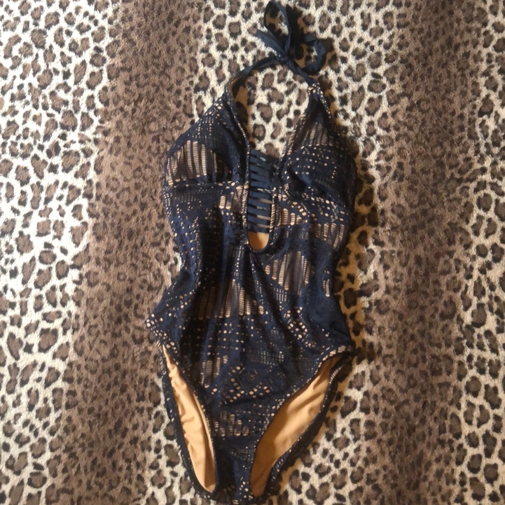 NWOT Black lace one piece halter swimsuit